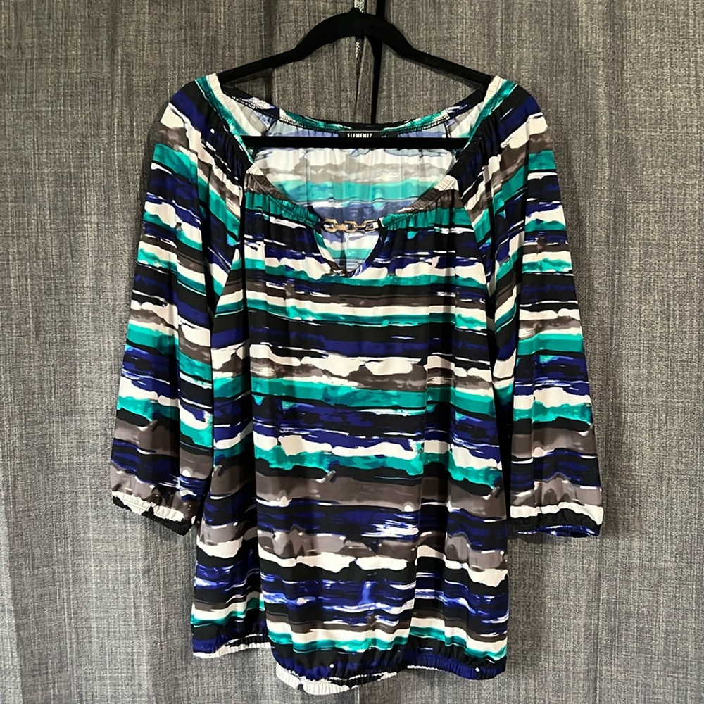 Elementz striped blouse 3/4 sleeve tunic with chain neckline detail size XL